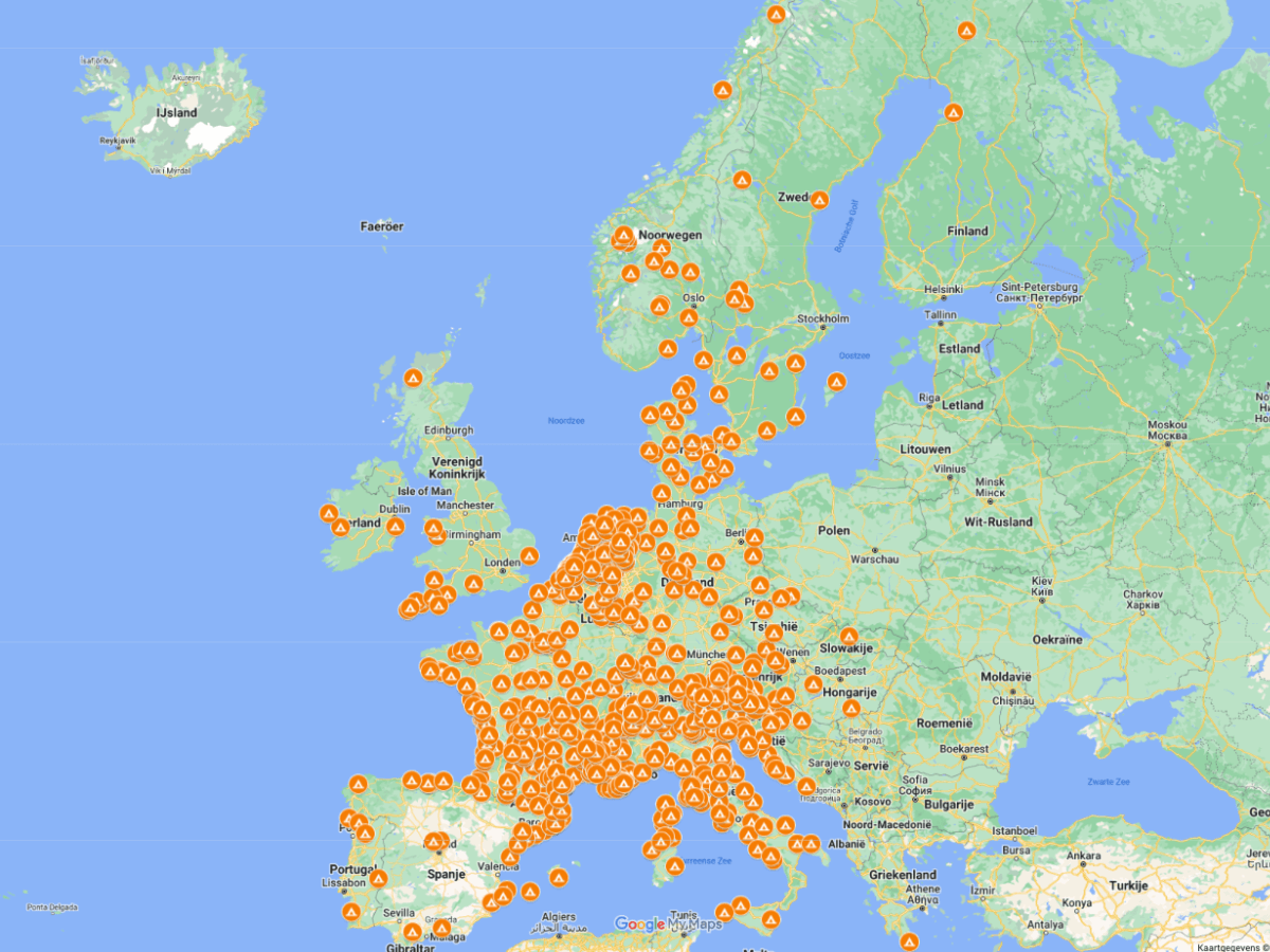 Kaart van campings met een laadpaal in Europa